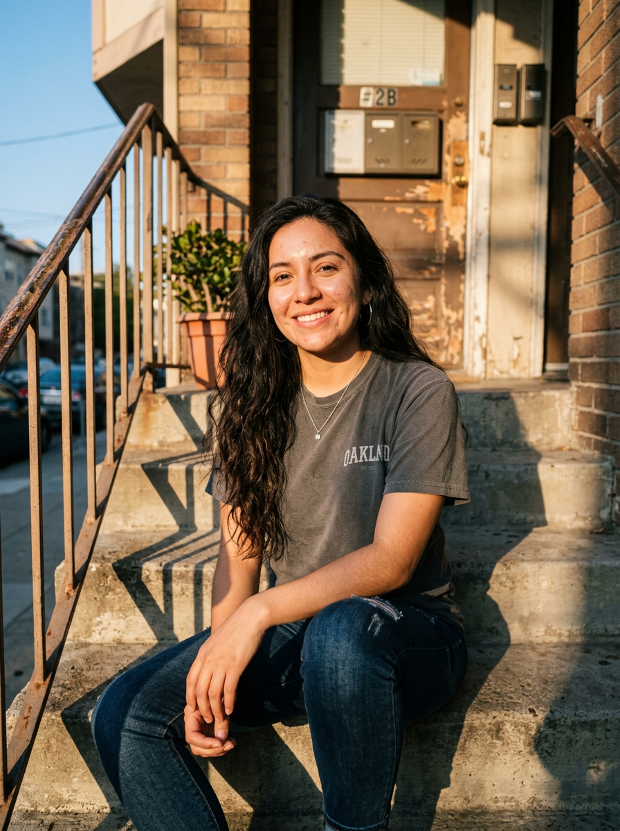 Carmen, 25, a nurse smiling on her apartment steps at golden hour — sample Krovo profile