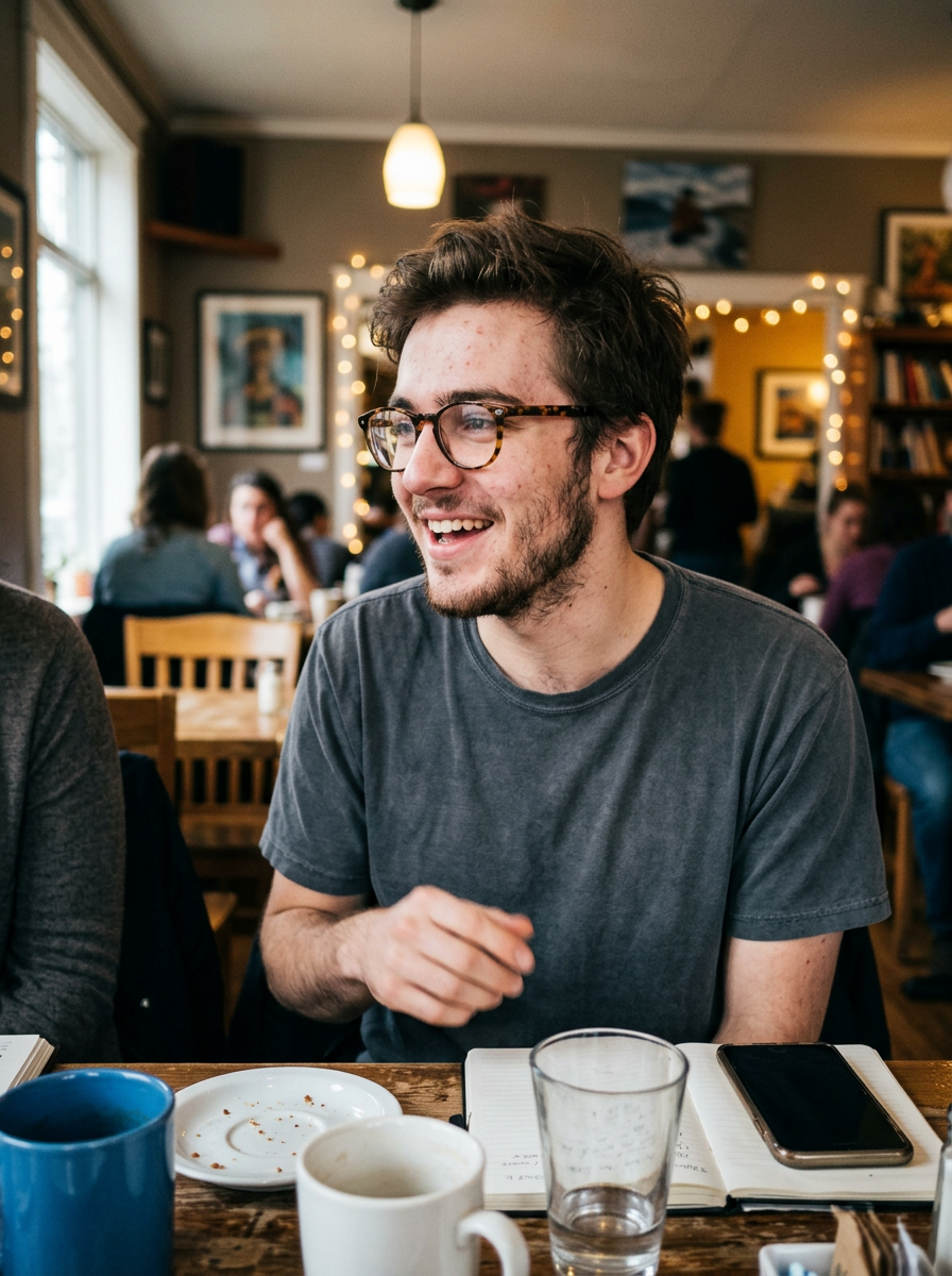 Diego, 27, an illustrator smiling in a cafe — sample Krovo profile