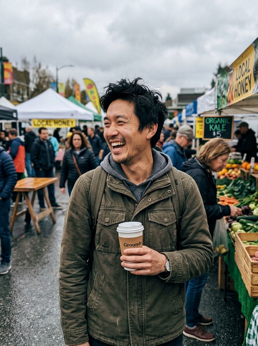 Kenji, 32, a product designer laughing at a farmers market — sample Krovo profile