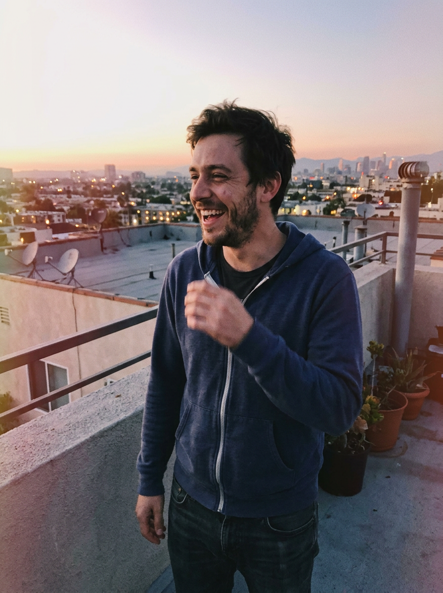 Marcus, 29, an architect laughing on a rooftop at sunset — sample Krovo profile