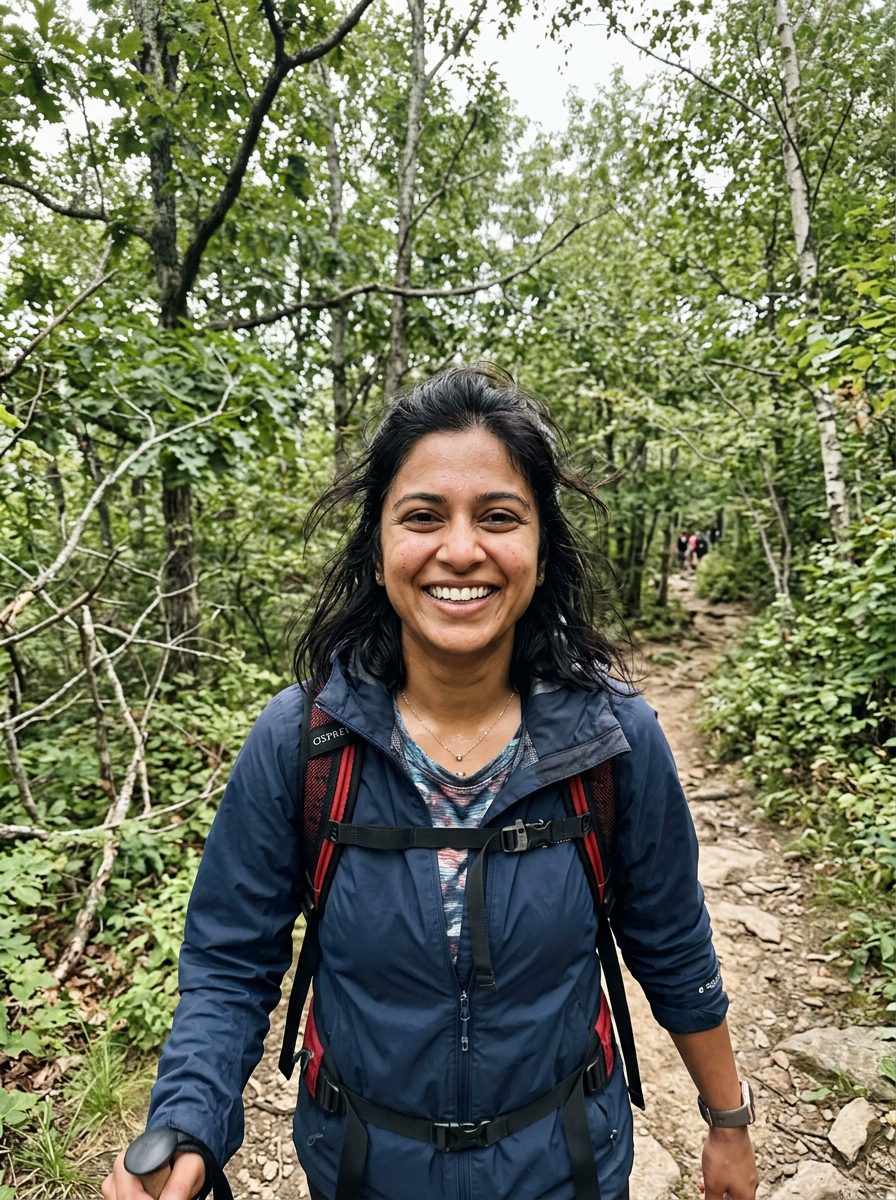 Priya, 30, a data scientist smiling on a hiking trail — sample Krovo profile