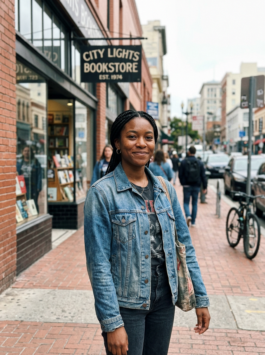 Simone, 28, a bookseller smiling outside a bookstore — sample Krovo profile